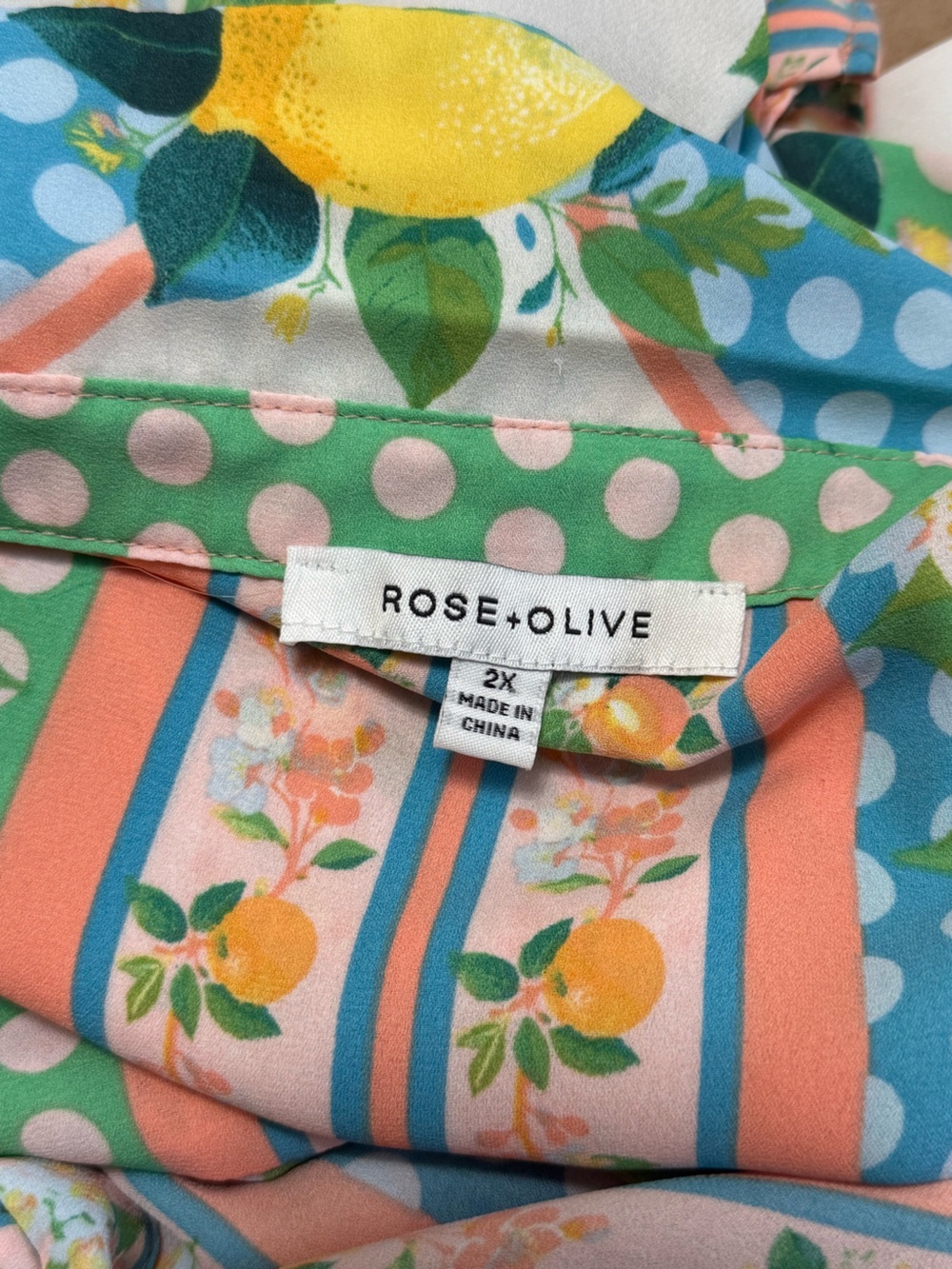 Rose & Olive Lemon Fruit Floral Pearl Button-Front Blouse Patchwork 3/4 Sleeves - Picture 3 of 8